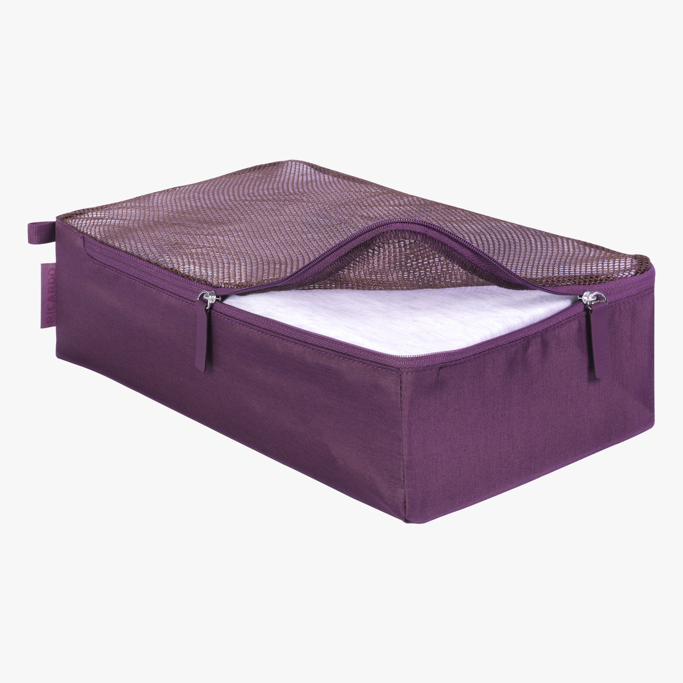 Essentials Medium Packing Cube in Aubergine Open View~~Color:Aubergine~~Description:Opened